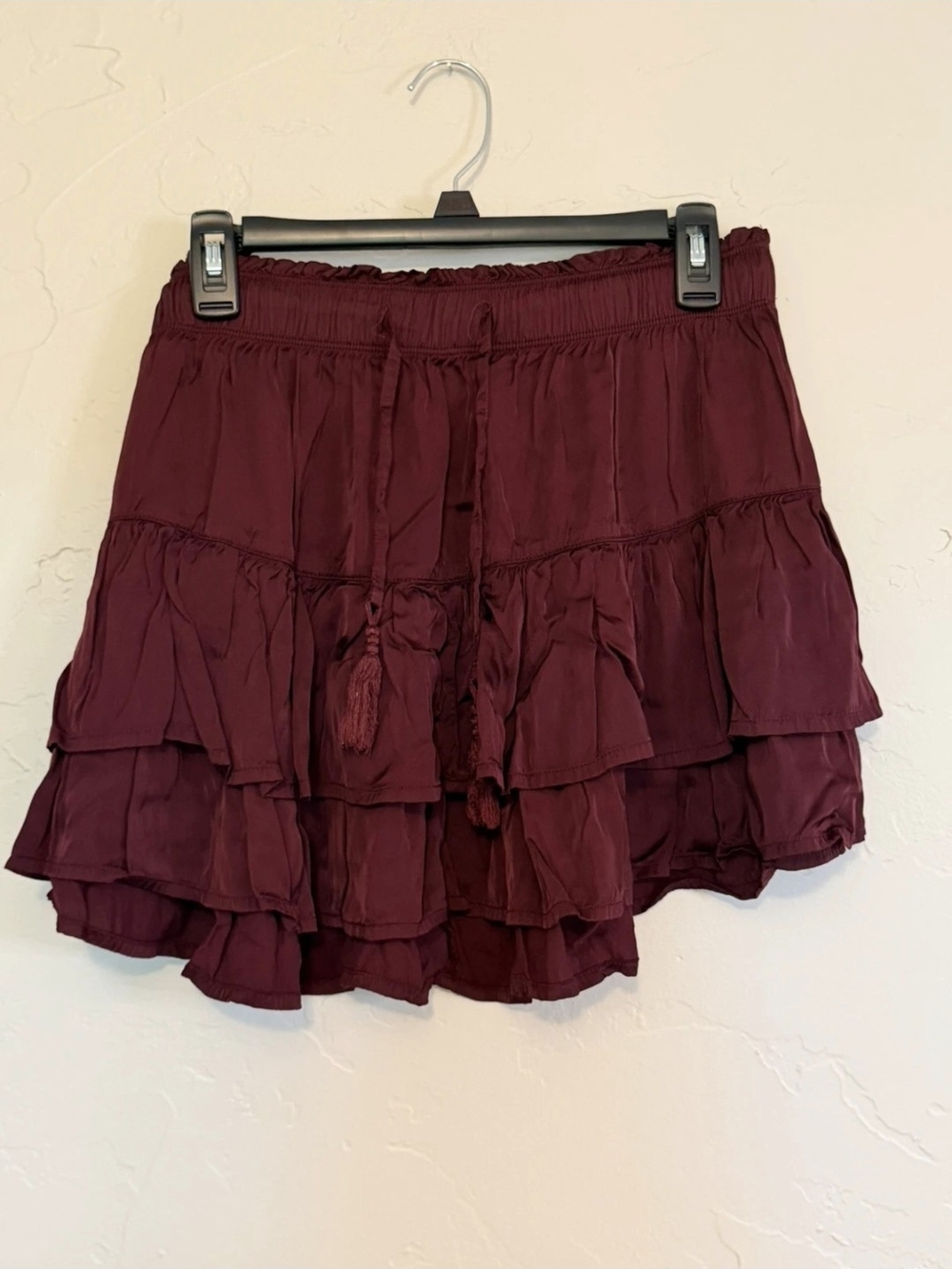 aerie Burgundy Tiered Ruffle Mini Skirt